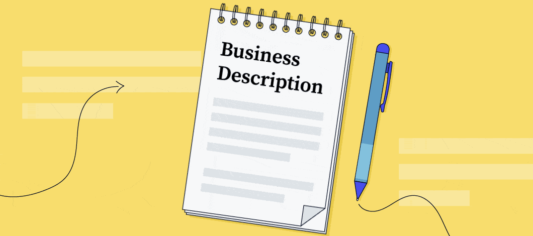 Notepad with the words “business description” on it and a blue pen to the side