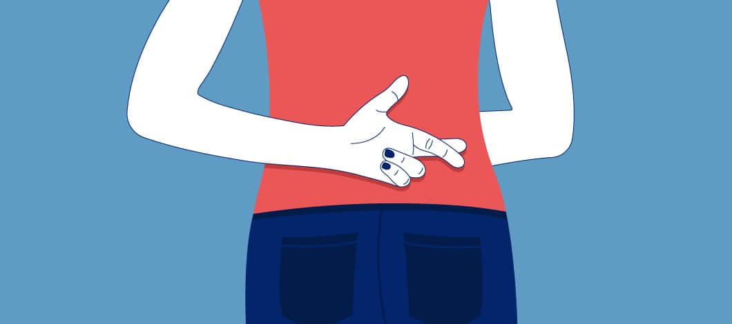 Blue background with a graphic of a person with arm behind his back with fingers crossed