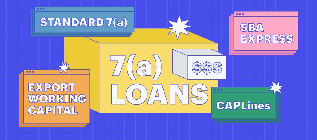 Graphics of different colored boxes, each with a different SBA loan name in it and dollar signs in another box