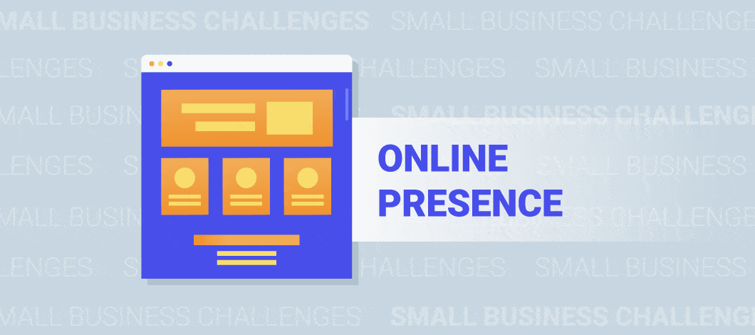 Moving image of a tablet and the words Online Presence in the center of the screen with the words Small Business Challenges all around
