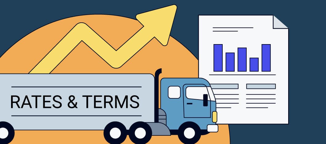 Semi-truck with the words “rates and terms” on the side and a upward-trending line graph next to a document with bar charts