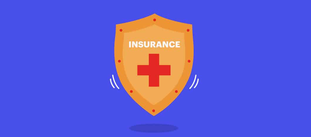 Blue background with an image of an orange shield with a red cross and the word “insurance” on it.