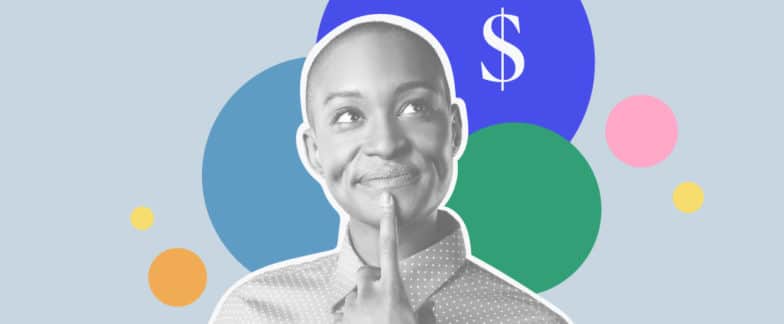 Graphic of a person with finger placed on chin, looking up, with a background of colorful circles and a dollar sign