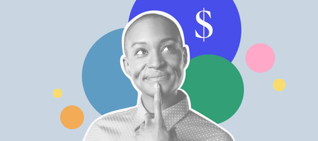 Graphic of a person with finger placed on chin, looking up, with a background of colorful circles and a dollar sign