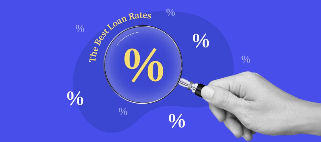 Hand holding a magnifying glass over a large percentage sign with the words “The Best Loan Rates” above