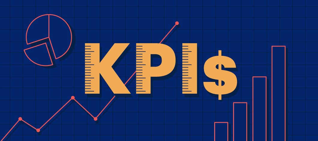 Measuring sticks and a dollar sign spell out “KPIs” amid a background of graphs and charts.