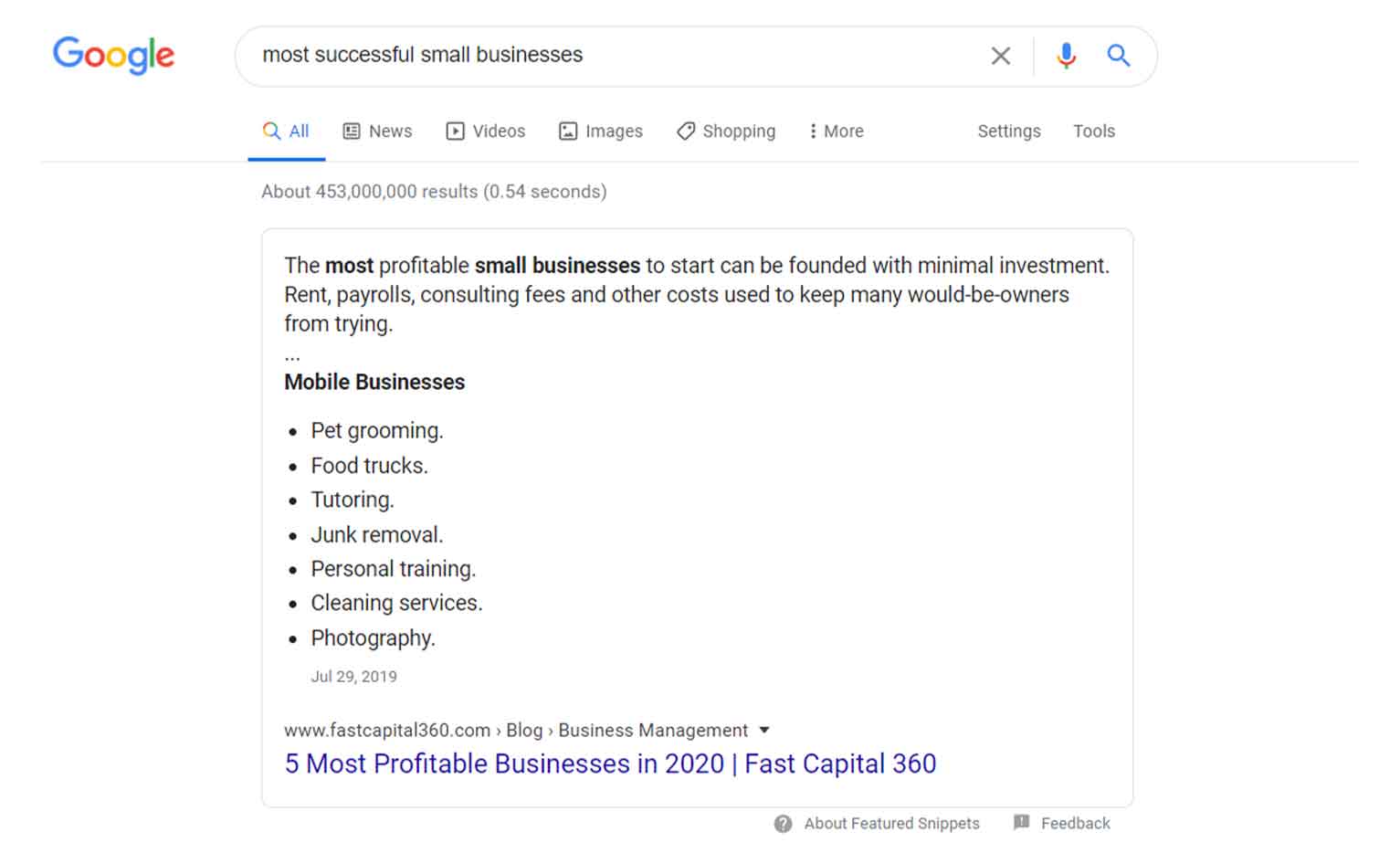 A Google snippet for the long-tail keyword “most successful small businesses, ranked for by Fast Capital 360.