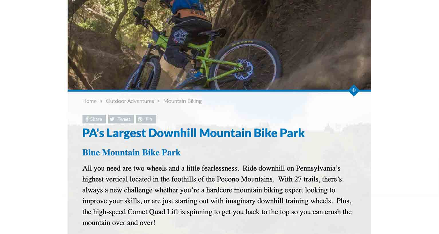 Image of bicyclist riding through rough terrain above copy advertising Pennsylvania’s largest downhill mountain bike park, Blue Mountain.