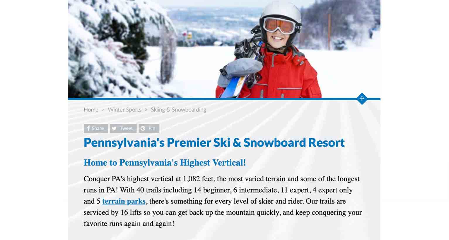 Skier smiles amid snowy backdrop holding skis over 1 shoulder. The copy below the image advertises Blue Mountain as a ski and snowboard resort.