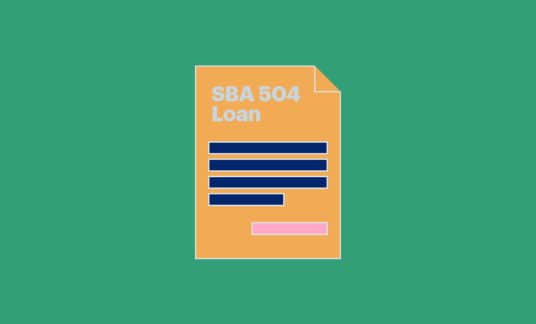 Green background with a dog-eared document labeled SBA 504 loan