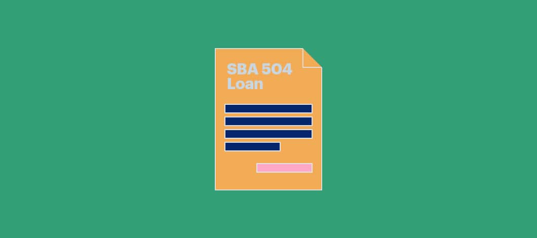 Green background with a dog-eared document labeled SBA 504 loan