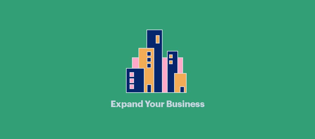 Green background with an image of a cityscape and the words "expand your business" below