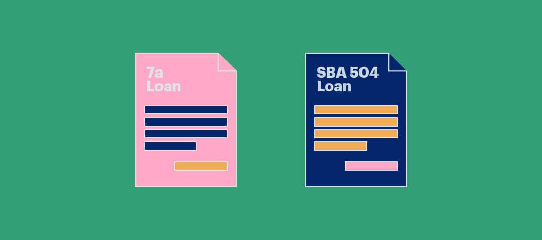 Green background with a pink document labeled 7(a) loan and a blue document labeled SBA 504 loan