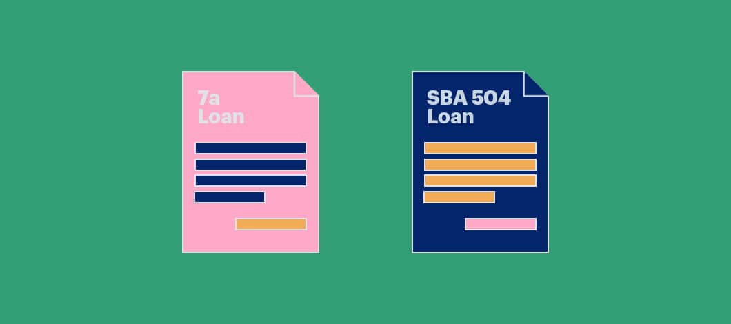 Green background with a pink document labeled 7(a) loan and a blue document labeled SBA 504 loan