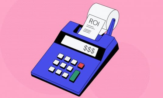 Pink background with a blue adding machine in the center. Dollar signs are on the screen and the adding tape says ROI.