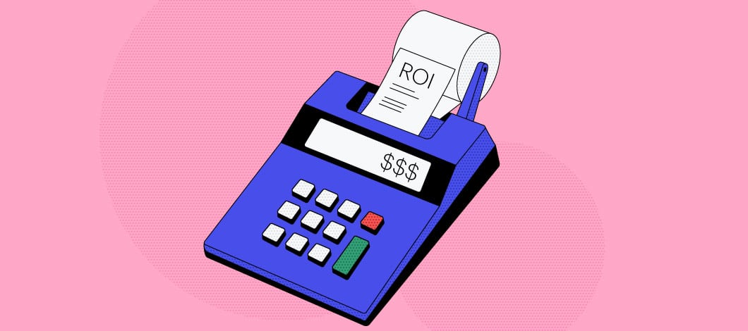 Pink background with a blue adding machine in the center. Dollar signs are on the screen and the adding tape says ROI.