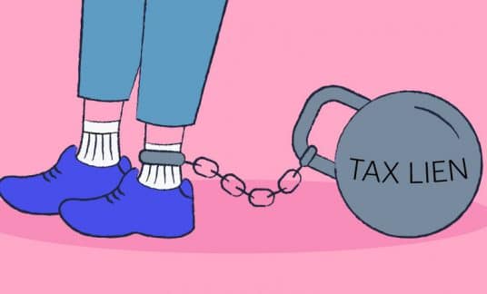 Pink background with a weight with the words Tax Lien chained to a person’s ankle.