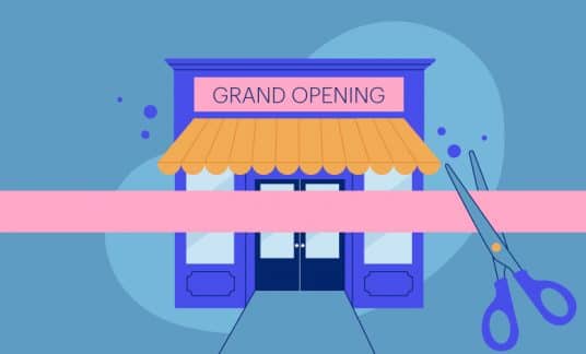 Blue background with image of shop storefront with an orange awning and Grand Opening sign. A pink ribbon is being cut with scissors.