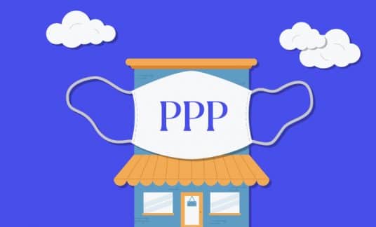 A small shop is covered by a face mask labeled “PPP.”