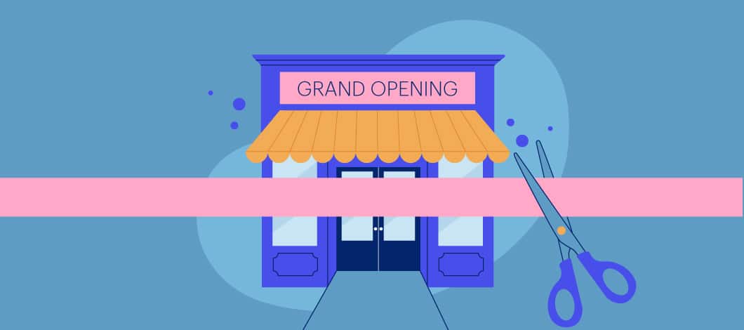 Blue background with image of shop storefront with an orange awning and Grand Opening sign. A pink ribbon is being cut with scissors.