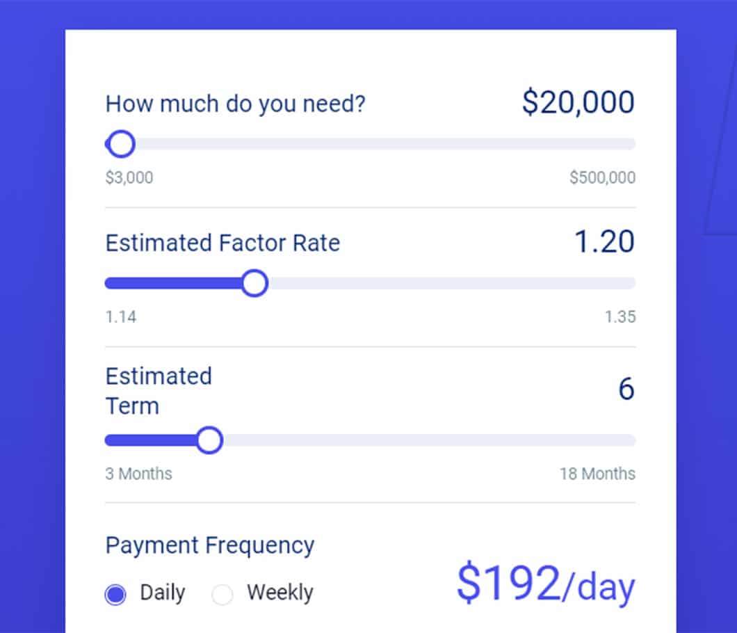 Image of a factor rate financing calculator, showing the payment amount per day based on the financing amount, factor rate and term