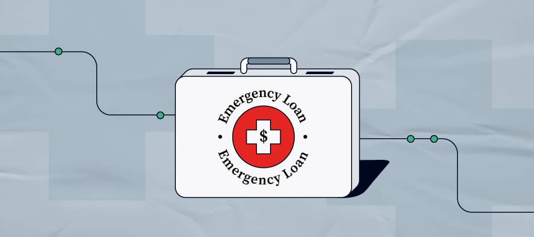 Gray background with a briefcase and the word Emergency Loan with a dollar sign in the middle