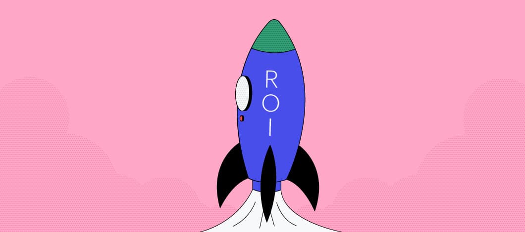 Pink background with a blue rocket ship in the center with the letters ROI running vertically on the side of the ship.