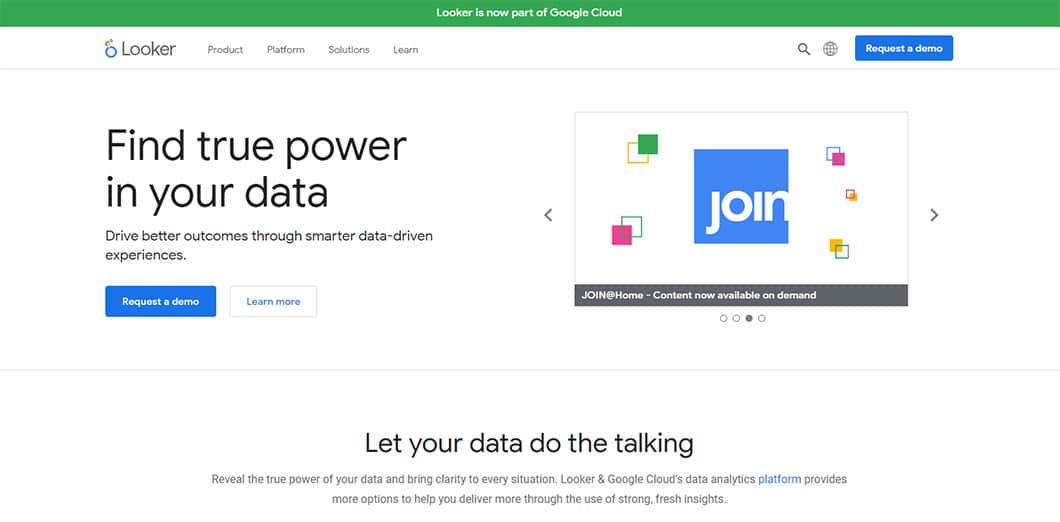 Looker is part of Google Cloud. It’s a great web-based software for data discovery and visualization.