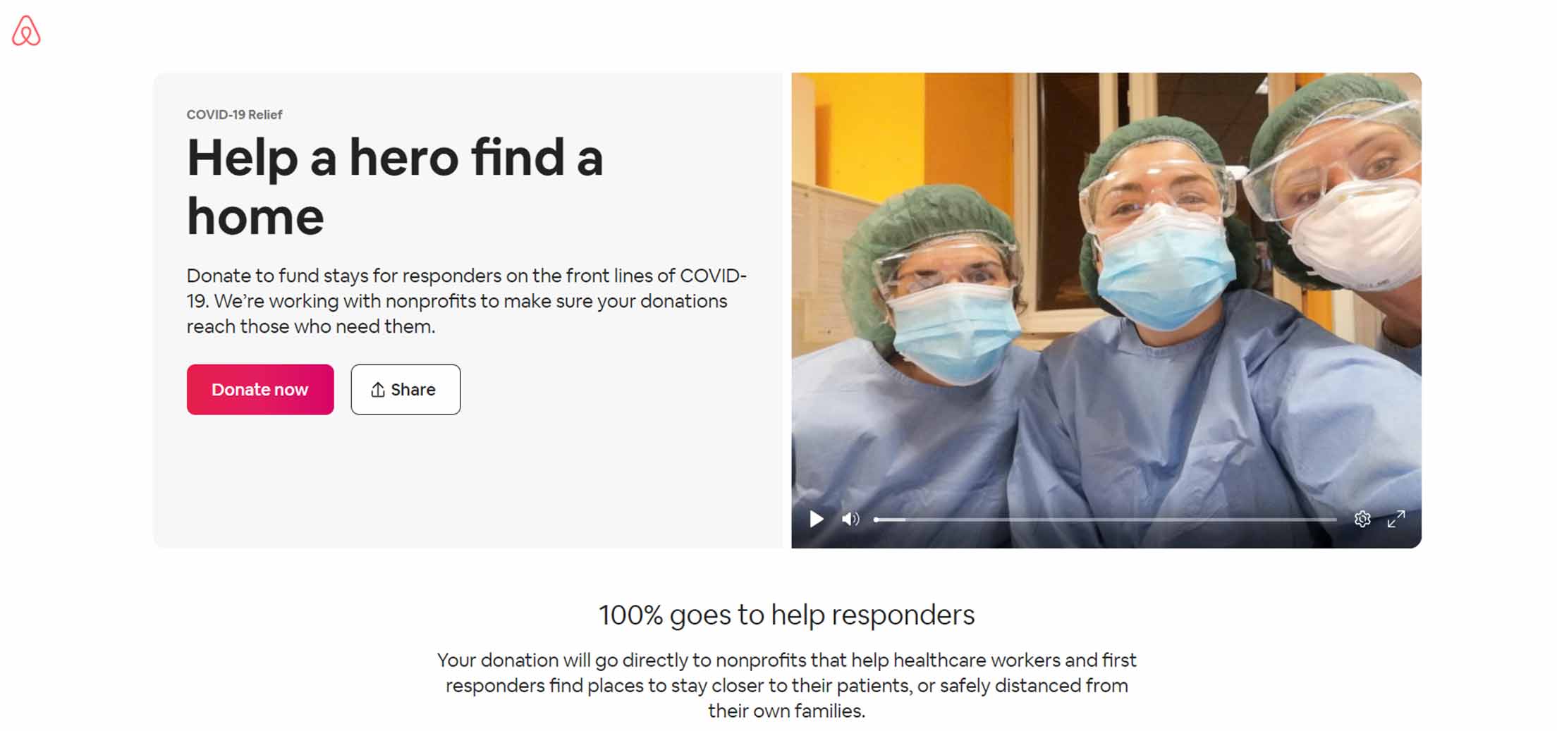 AirBnB’s Help a Hero webpage with a photo of 3 frontline healthcare workers and a button for users to donate or share the story.