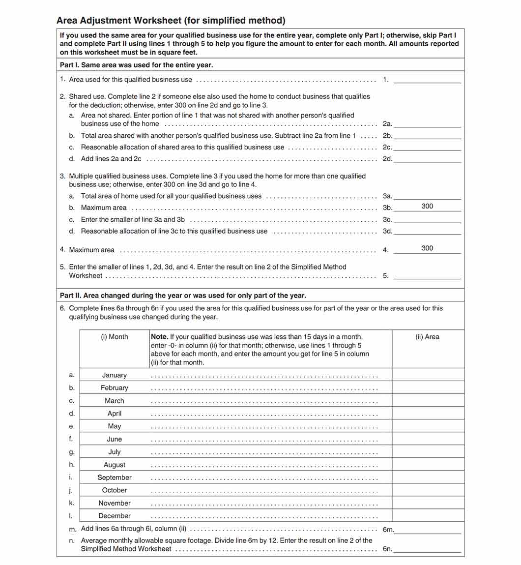 IRS Area Worksheet for the simplified method of the\ home office tax deduction