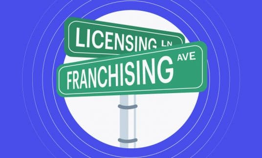 Two street signs on a pole: One reads “Franchising” and the other reads “Licensing.”