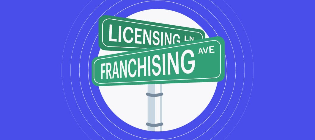 Two street signs on a pole: One reads “Franchising” and the other reads “Licensing.”