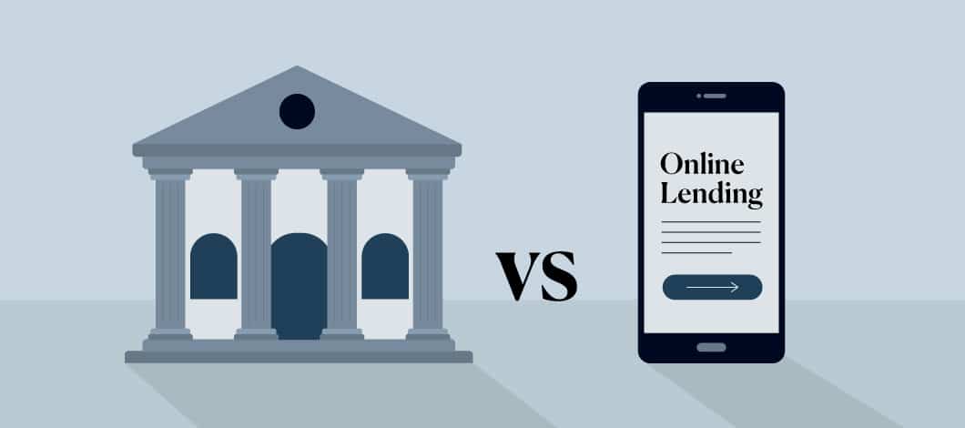 An image of a bank on one side versus a smartphone touting “Online Lending” on the screen on the other side.