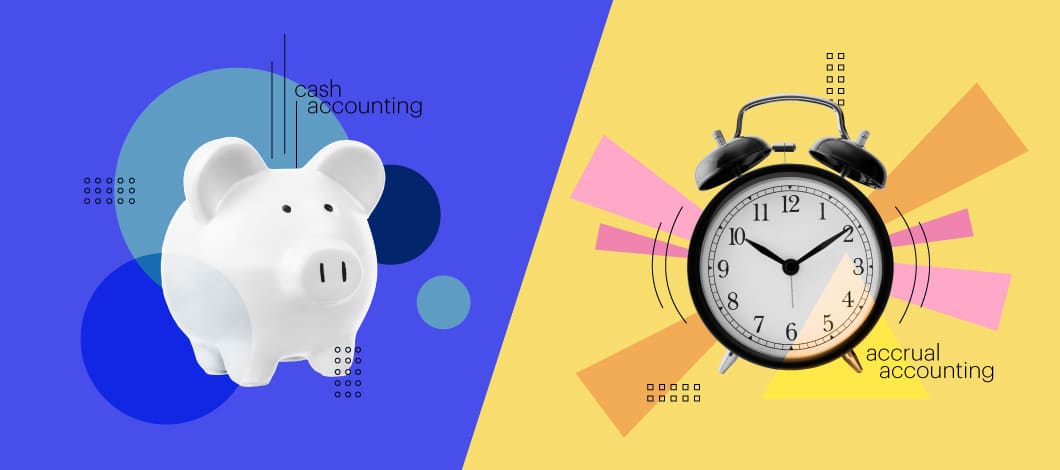 A piggy bank (cash accounting) on one side and an alarm clock (accrual accounting) on the other.