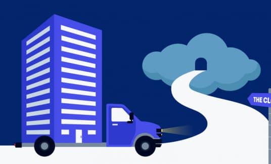 A truck with a small business building in the cargo bed drives up to the cloud.