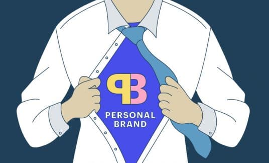 A business person rips open his shirt like Superman to reveal a “Personal Brand” logo on his chest.