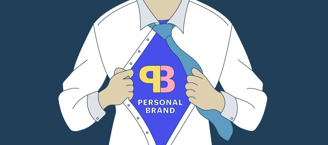 A business person rips open his shirt like Superman to reveal a “Personal Brand” logo on his chest.