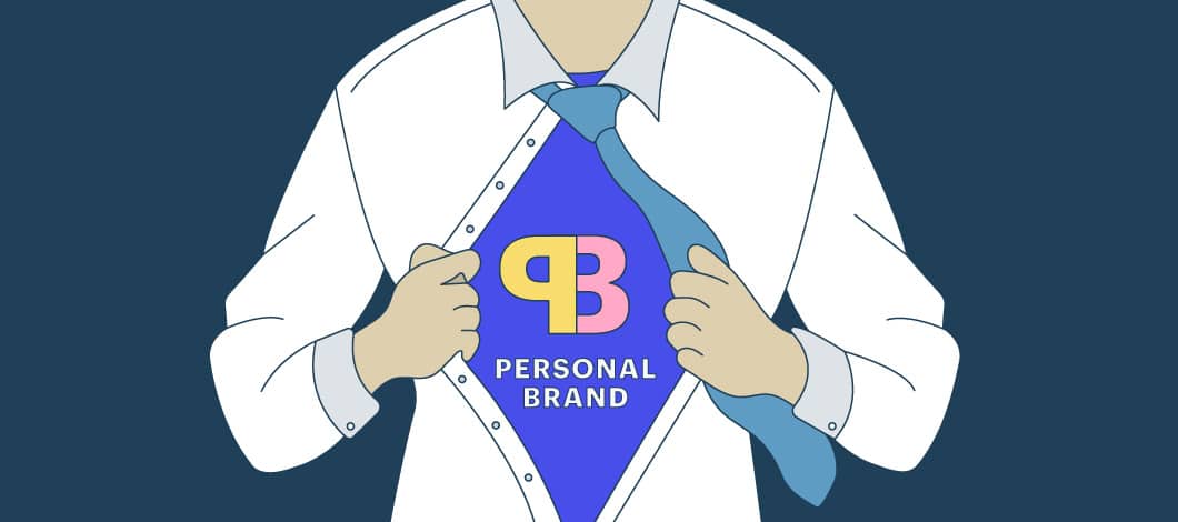 A business person rips open his shirt like Superman to reveal a “Personal Brand” logo on his chest.