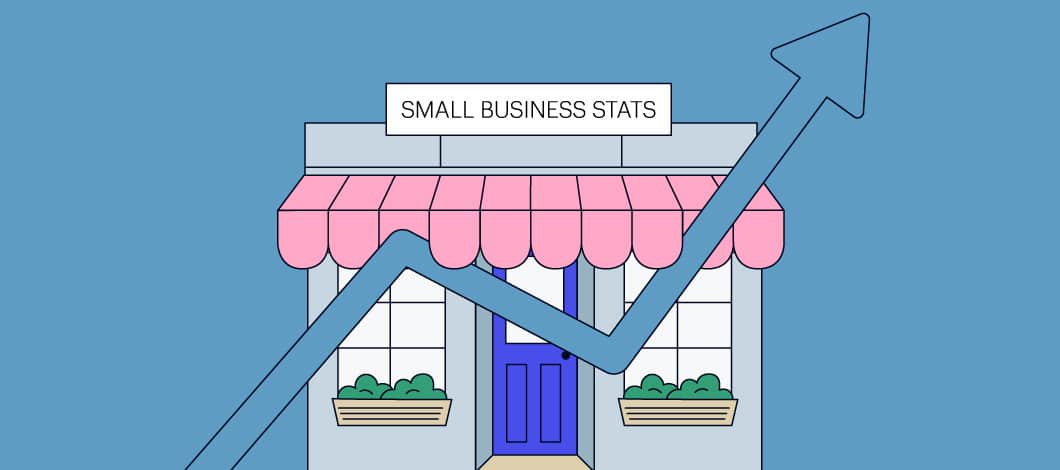 A small business shop stands as the backdrop for a bar chart line showing an upward trend.