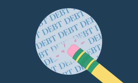 Blue background with the word “debt” written inside a circle multiple times and a pencil’s eraser head rubbing out the words.