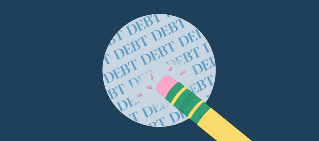 Blue background with the word “debt” written inside a circle multiple times and a pencil’s eraser head rubbing out the words.
