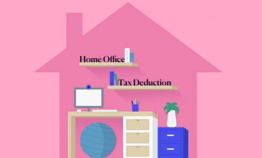 Pink background with an outline of a house and shelving that says “home office” and “tax deduction” inside with a desk below