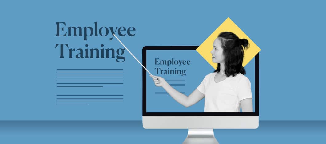 An instructor pops out of a computer screen and points to the words “Employee Training.”