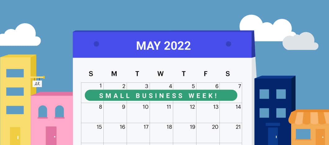 A calendar marking Small Business week sits between small shops