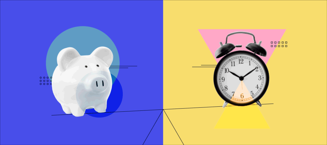 A piggy bank and an alarm clock sit at opposite ends of a scale.
