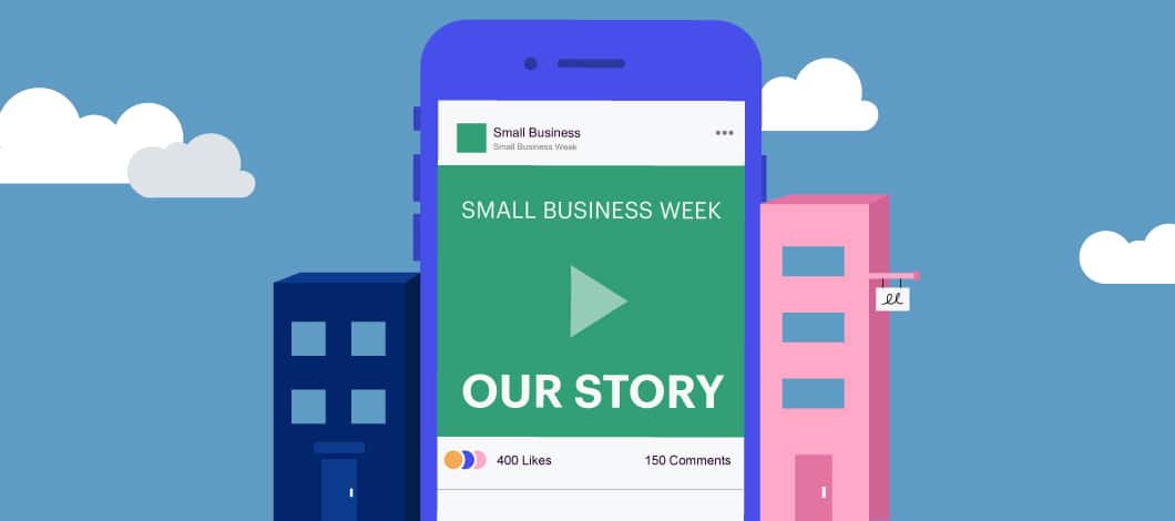 A smartphone promoting Small Business Week story sits between two small shops.