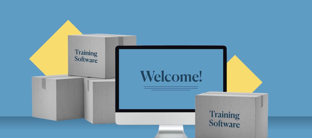 A computer screen is surrounded by boxes of training software.