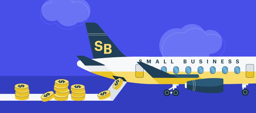 Working capital coins are loaded into a jet plane labeled “Small Business.”