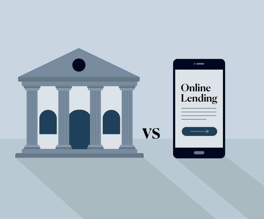 An image of a bank on one side versus a smartphone touting “Online Lending” on the screen on the other side.