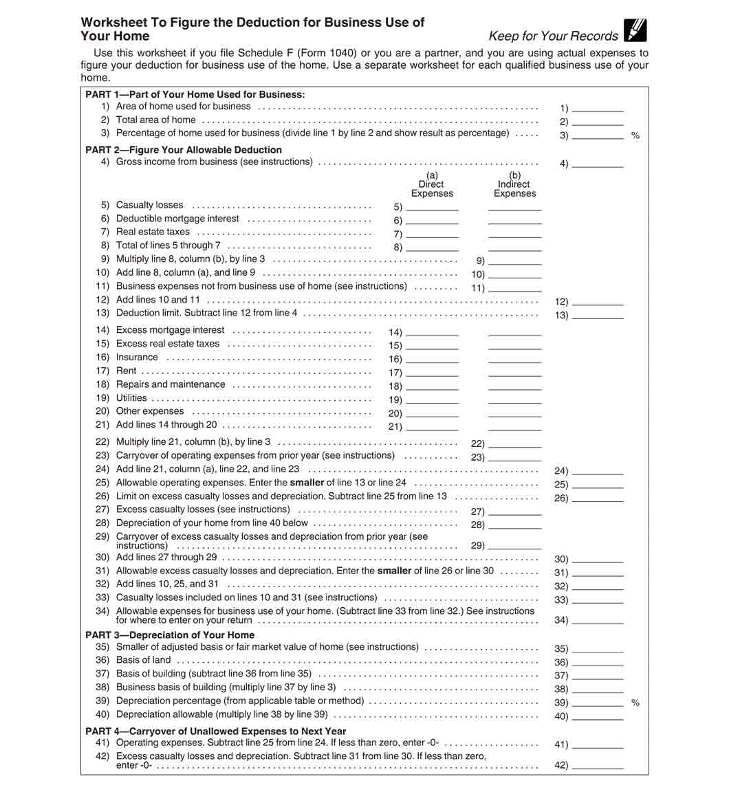 IRS worksheet to figured the deduction for business use of a home